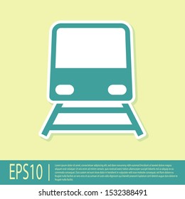 Green Train icon isolated on yellow background. Public transportation symbol. Subway train transport. Metro underground.  Vector Illustration