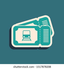 Green Train ticket icon isolated on blue background. Travel by railway. Long shadow style. Vector Illustration