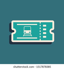 Green Train ticket icon isolated on blue background. Travel by railway. Long shadow style. Vector Illustration