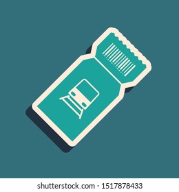 Green Train ticket icon isolated on blue background. Travel by railway. Long shadow style. Vector Illustration