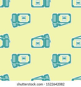Green Train ticket icon isolated seamless pattern on yellow background. Travel by railway.  Vector Illustration