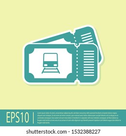 Green Train ticket icon isolated on yellow background. Travel by railway.  Vector Illustration