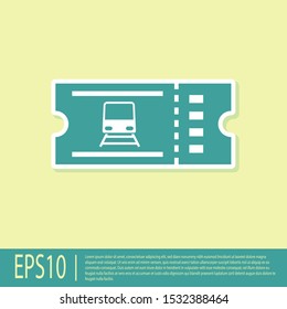 Green Train ticket icon isolated on yellow background. Travel by railway.  Vector Illustration