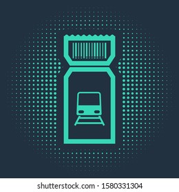 Green Train ticket icon isolated on blue background. Travel by railway. Abstract circle random dots. Vector Illustration