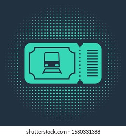 Green Train ticket icon isolated on blue background. Travel by railway. Abstract circle random dots. Vector Illustration