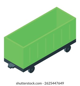 Green train wagon standing on rails isolated on white background, delivery and transportation concept