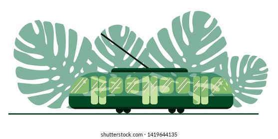Green tram on the background of green leaf of the Monstera. Eco transport is useful for people and the city. Eco-friendly public transport. Suitable for transport articles. White background