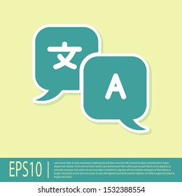 Green Translator icon isolated on yellow background. Foreign language conversation icons in chat speech bubble. Translating concept.  Vector Illustration