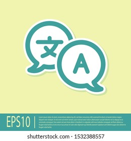 Green Translator icon isolated on yellow background. Foreign language conversation icons in chat speech bubble. Translating concept.  Vector Illustration