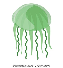 Medusa translúcida verde con tentáculos ondulados aislados sobre fondo blanco