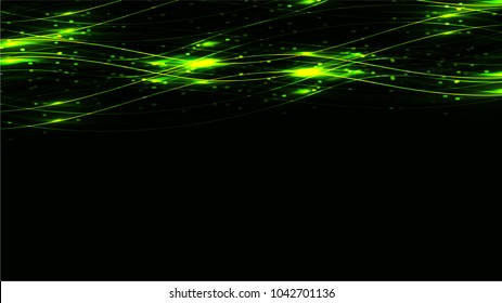 Green transparent abstract shining magical cosmic magical energy lines, rays with highlights and dots and light auroras on a dark green background from above. Vector illustration.