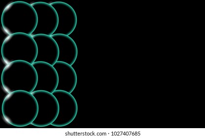 Green transparent abstract shiny beautiful and convex three-dimensional simple balls, bubbles, eggs circles located on the side of the black background and space for a simple text. Vector illustration