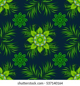 Green transparent circles in regular order - flower pattern - seamless background. Dark background.