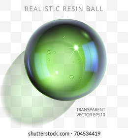 Green transparent resin ball. Vector 3d realistic epoxy bead of emerald tints. Fashionable glossy artificial jewel. Perfect closeup sphere with a translucent greenish shadow on a checkered background.