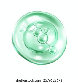 Green transparent serum drop featuring collagen molecules realistic vector illustration. Luxurious cosmetic for skincare 3d object on white