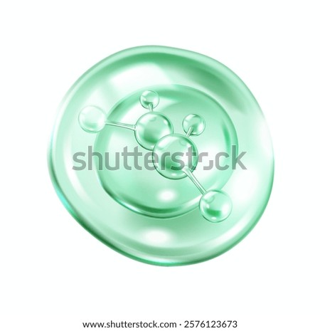 Green transparent serum drop featuring collagen molecules realistic vector illustration. Luxurious cosmetic for skincare 3d object on white