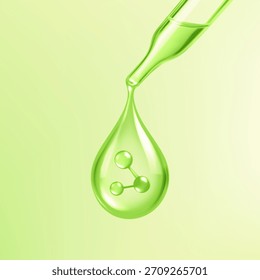 Gota de soro transparente verde com molécula caindo da pipeta. Cuidados da pele, antioxidante, essência de vitamina. Conceito de produto cosmético. Ilustração vetorial