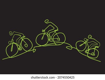 Green transport, cycling, line art stylized cartoon.
Colorful Illustration of three cyclists on a hill. Isolated on black background. Vector available.