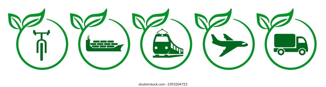 Green transport delivery, set eco logistic bike ship train plane truck with leaves symbol icon, international green free trade, environment friendly transport, eco distribution and shipping sign