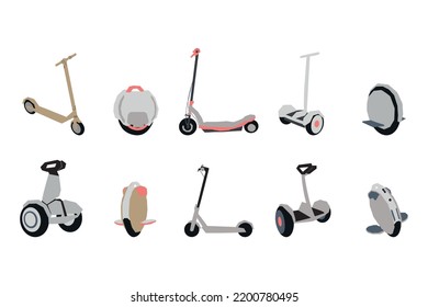 Green transport hand drawn vector set. Various electric wheels in simple contemporary style