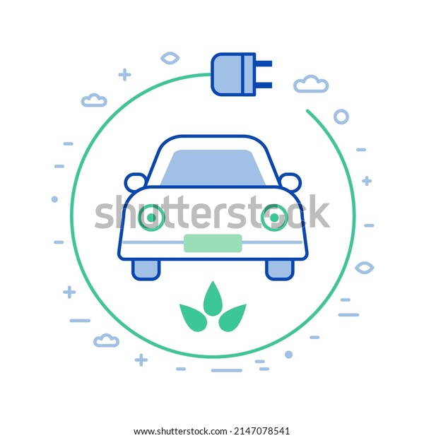 Green transport icon with electric car and\
charger in line art. Environmental and ecological friendly modern\
city transportation. E auto with cable linear illustration with\
editable strokes.