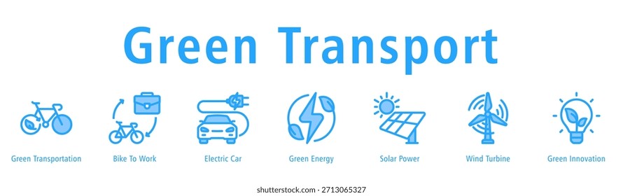 Ilustración vectorial verde del icono del Anuncio del Web del transporte con los iconos del Transporte verde, de la bici al trabajo, del coche eléctrico, de la energía verde, de la energía solar, de la turbina eólica, y de la innovación verde.