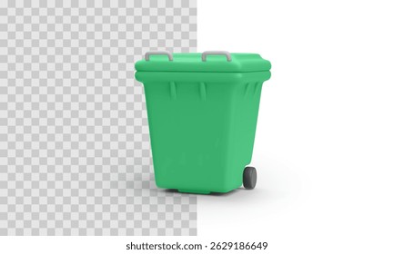 Green Trash Bin With Closed Lid on Transparent and White Background. Perfect for Waste Management, Recycling, and Eco Projects. Clean 3D Render. Vector Illustration.
