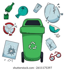 Green trash bin. Container for sorting glass waste. Vector illustration isolated on white background for sticker, print, icon