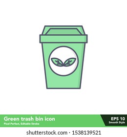 Green trash bin icon in smooth style for use in website, apps or mobile, with pixel perfect and editable stroke eps 10