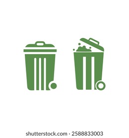 Green Trash Bin Icons Representing Clean and Overflowing Garbage Containers