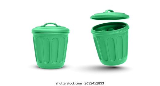 Green Trash Bin With Lid Popping Off. Eco Waste Container For Organic Sorting, Sustainability Projects, or Environmental Campaigns. Clean and Minimal Look. Vector Illustration