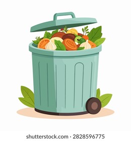 A green trash bin overflowing with fresh vegetables and fruits, emphasizing waste disposal and healthy eating habits.