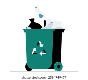 Green Trash Bin Overflowing With Garbage In Flat Vector Illustration Symbolizing Waste Management, Environmental Pollution, And Recycling Awareness, Isolated On White Background.