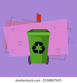 Green trash bin and tin can. Refuse container for metal waste with recycling sign and wheels. Vector illustration can be used for topics like waste sorting, garbage, ecology