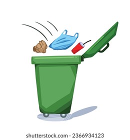 Green Trash Bin with tissue, plastic bag, and beverage cup garbage waste thrown in it vector illustration isolated on square white background. Simple flat cartoon art styled drawing without outline.