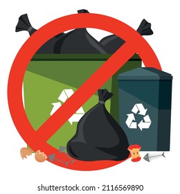 Green trash can with trash bags. Do not litter sign.