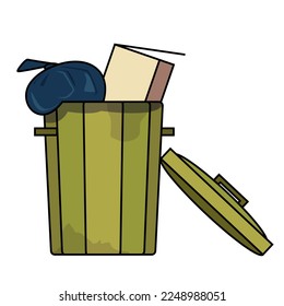 green trash can with box and garbage bag, open lid, vector illustration
