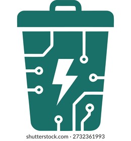 Green trash can with electronic components and lightning bolt symbol