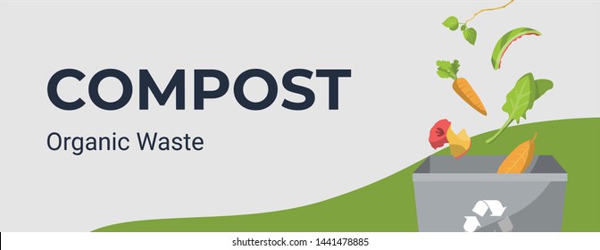 Basura verde y desechos orgánicos en caída (verduras, hojas, alimentos) para el compostaje. Concepto de compostaje de residuos para banner, página de inicio, plantilla, ui, web. Ilustración del vector