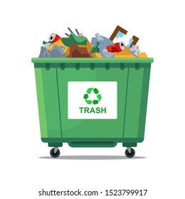 The green trash can is full of waste. flat vector illustration