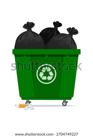 Green trash can is full of waste stock illustration