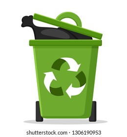 Green trash can with garbage bag on a white. Ecology
