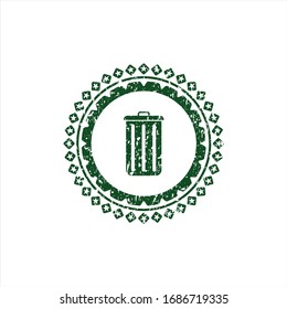 Green trash can icon inside distress grunge stamp