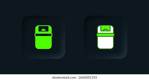 Icono verde de la lata de basura aislado sobre fondo negro. Cartel de la papelera. Icono de la cesta de reciclaje. Icono de papelera de oficina. Botón cuadrado negro. Vector
