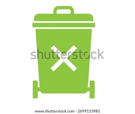 Green trash can icon isolated on white background with a white x mark, representing waste removal, recycling, deletion, or environmental awareness and cleanliness