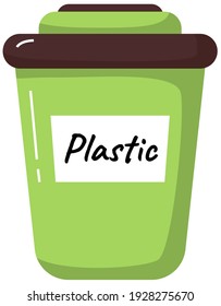 Green trash can with inscription for collecting plastic garbage, zero waste concept isolated on white. People sort trash care for environment. Healthy world and humanity. Plastic rubbish in dumpster