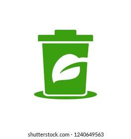 green trash can with leaf