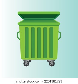 Green trash can with the lid ajar insulated on a light blue background. Recycling vector cartooon concept illustration. Vector illustration EPS 10.