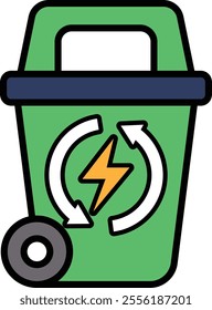 A green trash can with a lightning bolt on it. The trash can is on wheels and has a handle