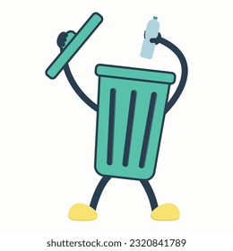 Green trash can mascot cartoon character design. flat illustration vector isolated white background.